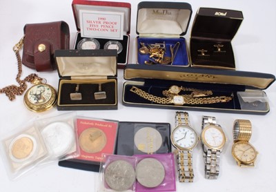 Lot 67 - Ladies 9ct gold Rotary wristwatch, other watches, cufflinks and coins
