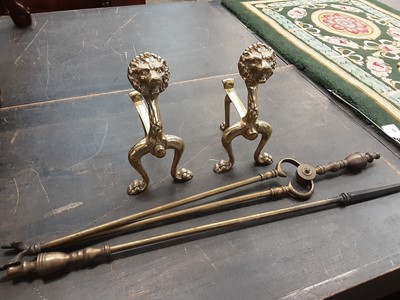 Lot 425 - Pair brass fire dogs and brass fire irons