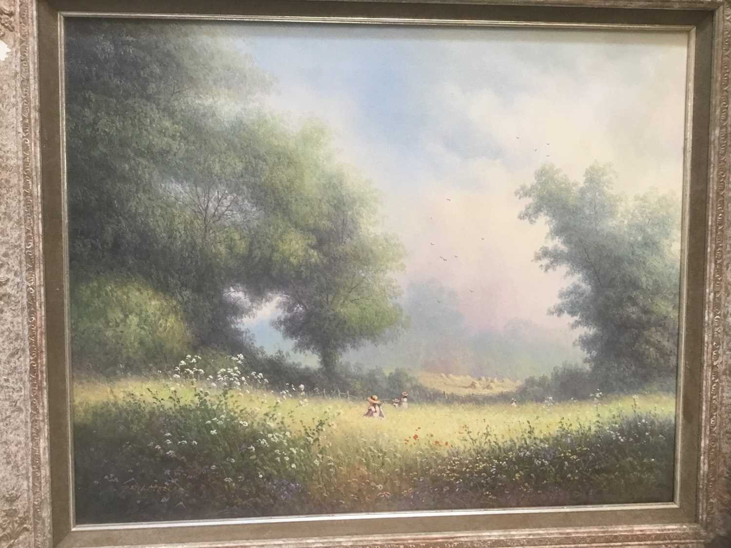 Lot 8 - Paul Morgan (b. 1940) oil on canvas figures in a meadow