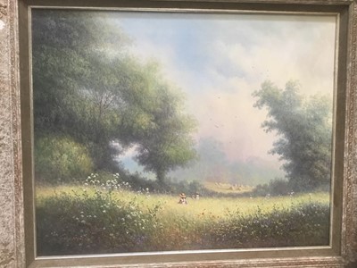 Lot 8 - Paul Morgan (b. 1940) oil on canvas figures in a meadow