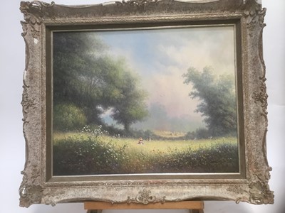 Lot 8 - Paul Morgan (b. 1940) oil on canvas figures in a meadow