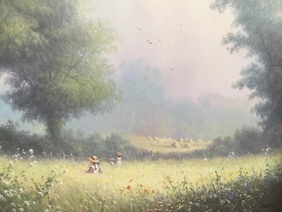 Lot 8 - Paul Morgan (b. 1940) oil on canvas figures in a meadow