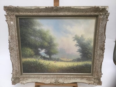 Lot 8 - Paul Morgan (b. 1940) oil on canvas figures in a meadow