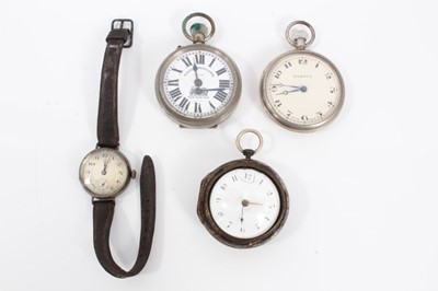 Lot 47 - Georgian pair cased pocket watch in tortoiseshell case, two other pocket watches and vintage silver cased wristwatch