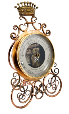 Lot 20 - Late 19th century French Holosteric Barometer with silvered dial in ornate brass stand with Viscounts? Coronet above letter 'H'