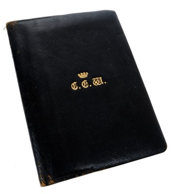 Lot 21 - Good quality Victorian black leather writing wallet containing two dip pens, retailed by Clark, 20 Old Bond Street, with gilt Barons coronet and initials to cover.