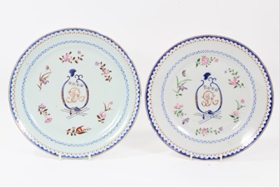 Lot 173 - Chinese export porcelain plate with initials to centre, together with a matching replacement by Samson (2)