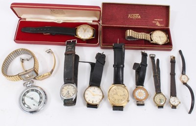 Lot 55 - Group vintage wristwatches including ladies' 9ct gold cased Accurist watch, gold plated gentlemen’s Flora watch in case, Avia Olympic, Limit, Sekonda, Seiko and others, plus Ingersoll pocket watch