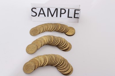 Lot 367 - G.B.-Mixed tokens and coins to include 19th and 20th century play money x 46, J. Sainsbury's Brass Spade Guinea's x 57, Williams Bros Tokens x 19 and a quantity of contemporary  amd modern coin for...
