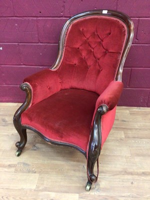 Lot 324 - Victorian red velvet upholstered mahogany armchair