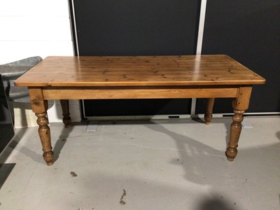 Lot 10 - Pine kitchen table on turned legs, 183cm wide x 85.5cm deep x 76cm high, set of six kitchen chairs comprising five standards and one carver plus a pine two height dresser