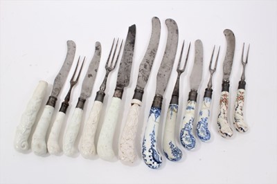 Lot 172 - Collection of 18th and early 19th century porcelain handled knives and forks, including moulded and painted examples (13)