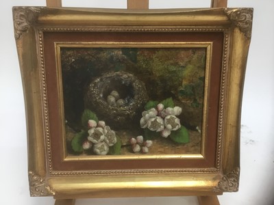 Lot 181 - Mary Ensor (act, 1863-1897)  oil on board, still life of birds nest and flowers