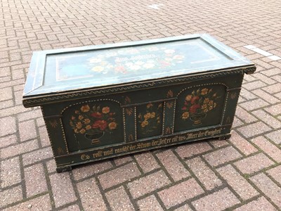 Lot 70 - Old green painted pine blanket box with floral decoration 100cm wide x 48.5cm deep 43cm high