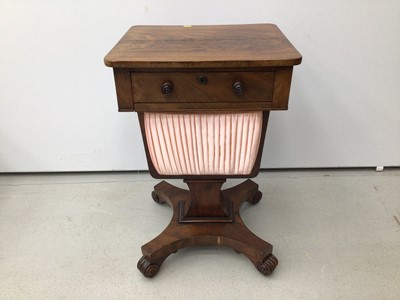 Lot 36 - 19th century mahogany sewing table with single drawer and sliding needlework well below on quatrefoil base with scroll feet, 45cm wide x 39cm deep x 69cm high