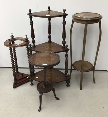 Lot 43 - Edwardian inlaid corner whatnot, mahogany torchere, stick stand and another torchere (4)
