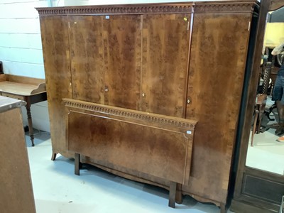 Lot 83 - Good quality yew wood veneered wardrobe with fitted interior on bracket feet 231cm wide x 190cm high and matching headboard 158.5cm wide