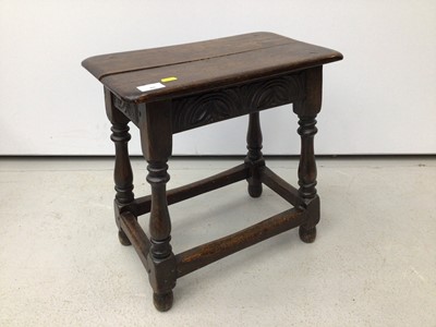 Lot 48 - Carved oak joint stool on turned and block legs joined by stretchers, 44cm wide x 25cm deep x 45.5cm high