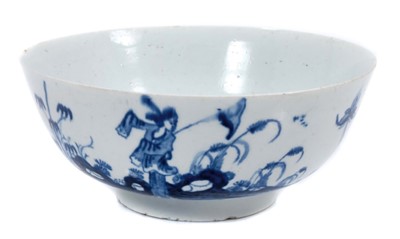 Lot 181 - Rare Longton Hall bowl, c.1754-56, the exterior painted in underglaze blue with a 'Long Eliza' type figure, the reverse and interior with European buildings, workman's mark inside the footrim, 19...