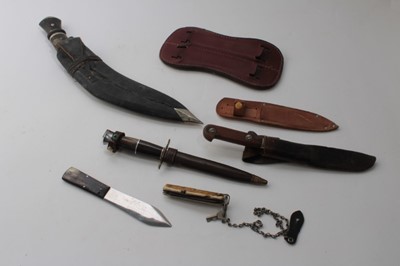 Lot 868 - Old Gurkha Kukri in leather covered sheath, together with a 'Clements' Throwing knife and three other knives (5)