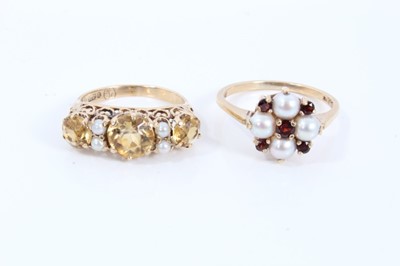 Lot 113 - 9ct gold citrine and seed pearl ring in pierced scroll setting and 9ct gold pearl and red stone ring
