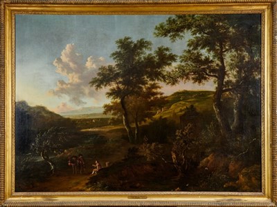 Lot 1196 - Dirk Van Dalens II (1659-1688), large oil on canvas in gilt frame – figures on a track in an extensive landscape, fountain and a grove beyond, indistinctly inscribed on rim of fountain, 99cm x 136c...