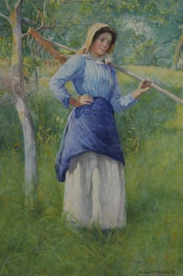 Lot 39 - E Kington-Brice watercolour – country girl with rake
