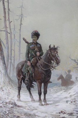 Lot 1024 - Frank Feller (1848-1908) gouache - An outpost in the Caucasus, circa 1890, signed, 27cm x 13.5cm, in glazed frame  
Provenance: The Parker Gallery