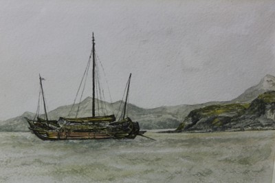 Lot 43 - Sir Rutherford Alcock (1809-1897) pencil and watercolour - Junk off headland at the Woofoomun