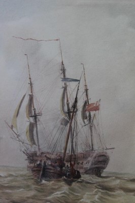 Lot 1032 - Samuel Owen (1768-1857) watercolour - a frigate and a fishing boat at sea, 22cm x 19.5cm, in glazed gilt frame  
Provenance: J. Morton Lee Fine Watercolours