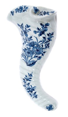 Lot 193 - A good Worcester cornucopia-shaped wall pocket, c.1756, painted with flowers, 30cm high