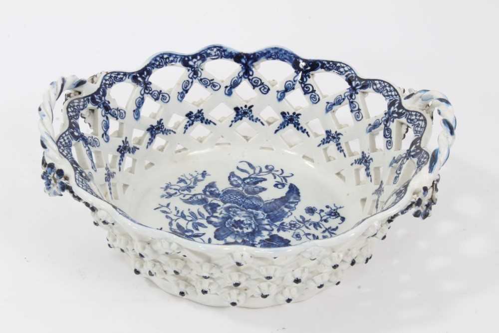 Lot 196 - Lowestoft blue and white porcelain basket, c.1780, decorated with the Pinecone pattern, 23cm across