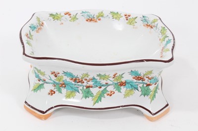 Lot 237 - Rare mid Victorian earthenware Christmas dog bowl with a hand painted over transfer holly and berry design, circa 1850, possibly Copeland Spode. Pattern number 4  3254. Approximately 19cm x 14.5cm...