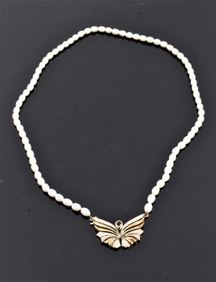 Lot 126 - Cultured pearl necklace with 9ct gold sapphire and diamond set butterfly pendant