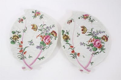 Lot 207 - Pair of Worcester cabbage leaf dishes, c.1760-65, painted in the Rogers style with floral sprays, 26cm across