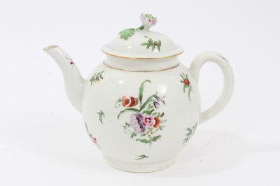 Lot 216 - Worcester teapot and cover, c.1770, polychrome decorated with floral sprays, flower finial to cover, 13cm high