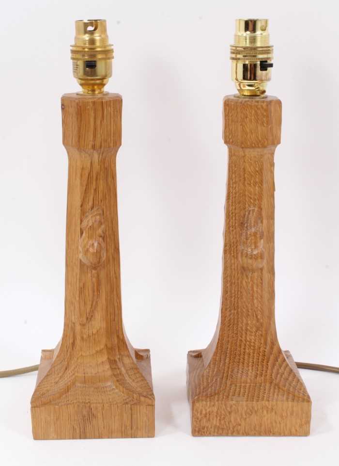 Lot 846 - Pair of Robert 'Mouseman' Thompson carved oak table lamps