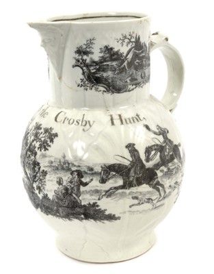 Lot 221 - Rare Worcester cabbage-leaf jug, c.1770, printed by Robert Hancock with a hunting scene and inscribed 'Success to the Crosby Hunt'