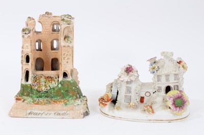 Lot 226 - Unusual Staffordshire porcelain pastille burner in the form of a water mill, c.1840, and another in the form of castle ruins (2)