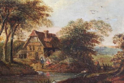 Lot 41 - Nasmyth, 19th century, oil on board - figures before a country cottage, indistinctly signed, 14.5cm x 19.5cm, in gilt frame