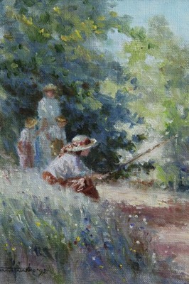Lot 1062 - Judy Talacko, (Australian b.1941), oil on board - three figures, inscribed verso 'Patience', indistinctly signed and dated '92, 22.5cm x 17cm, in gilt frame 
Provenance: Omell Galleries, Piccadilly