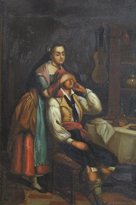 Lot 88 - Pair 19th century Continental School oils on tin panels - a piper and figures in an interior, 20cm x 16cm, in gilt frames