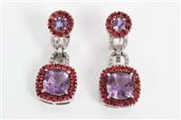 Lot 3200 - Pair amethyst, ruby and diamond drop earrings...
