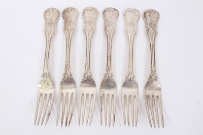 Lot 51 - Six mid 19th Century German Silver Dinner Forks, Modified Kings pattern with fluted stems and foliate terminals, from the Royal Prussian Collection, each cast and chased with raised WR monogram wit...