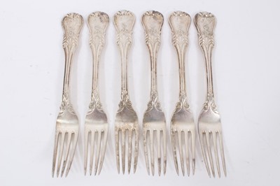 Lot 52 - Six mid 19th Century German Silver Dinner Forks, Modified Kings pattern with fluted stems and foliate terminals, from the Royal Prussian Collection, each cast and chased with raised WR monogram wit...