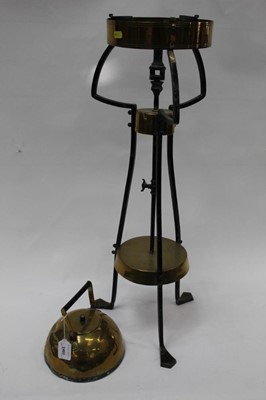 Lot 2402 - Interesting arts and crafts period brass and steel kettle on stand in the style or Christopher dresser