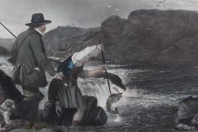 Lot 1083 - Richard Andsell, 19th century hand coloured engraving - Fishing, Gaffing a Salmon, 42cm x 68cm, in glazed frame 
Provenance: Malcolm Innes Gallery, 10th March 1983