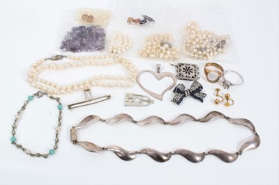 Lot 133 - Danish silver necklace, platinum ring, yellow metal ring cultured pearls, pair gold earrings and other jewellery parts