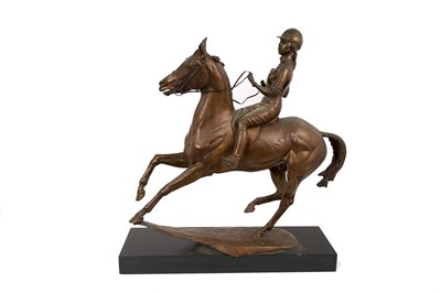 Lot 926 - Bernard Winskill (d. 1980) very large bronze figure of Princess Anne, riding her horse Doublet, signed and numbered IV, approximately 59cm long, on black marble plinth, accompanied by a certificate...