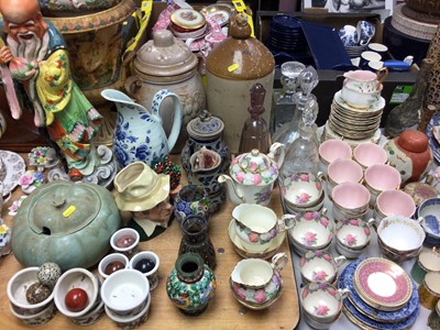 Lot 275 - Royal Doulton character jug D6867 "The Gardener", various tea ware, stone spheres, glass decanters and other china